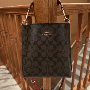 COACH CA582 2Way Shoulder Bag Leather Brown/Red Total Pattern